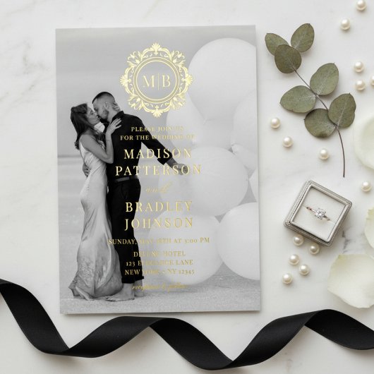 華美フローラモノグ結婚ラム写真エレガント 箔招待状