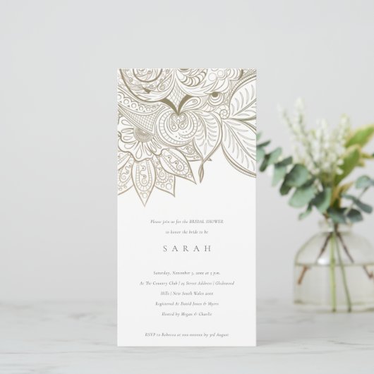 華美ペイズリーアイボリー金ゴールドブライダルシャワー招待状 サンキューカード (スタンド正面)