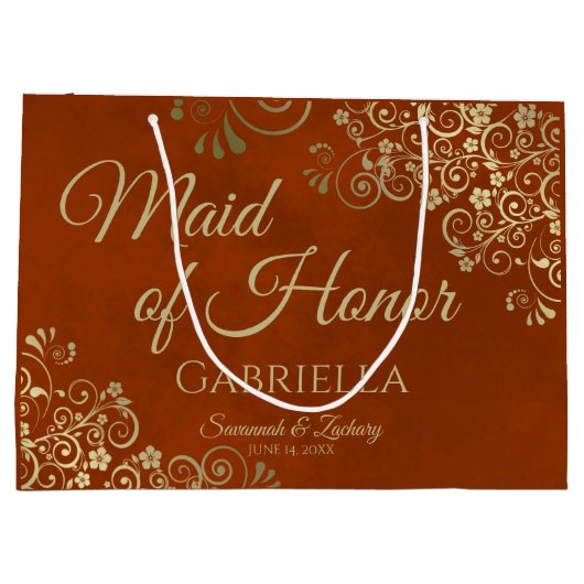 華美ラストオレンジ&金ゴールドメイド・オブ・オーナー(花嫁付き添い人)結婚ズ ラージペーパーバッグ (裏面)