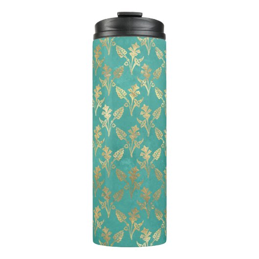 華美ヴィンテージターコイズと金ゴールドの葉 タンブラー (正面)