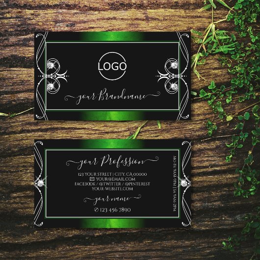 華美ヴィンテージブラックグリーンスパークルジュエリー追加ロゴ 名刺