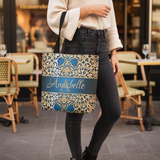 華美ヴィンテージ光沢金ゴールド及び青色の宝石を施したカスタム トートバッグ