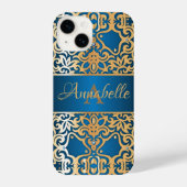 華美ヴィンテージ光沢金ゴールド及び青色の宝石を施したカスタム iPhoneケース (裏面)