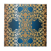 華美ヴィンテージ光沢金ゴールド及び青色の宝石パターン タイル (正面)