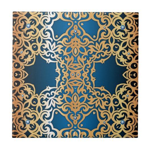 華美ヴィンテージ光沢金ゴールド及び青色の宝石パターン タイル (正面)