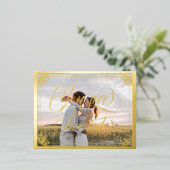 華美渦巻形の写真招待され結婚の 箔招待状ポストカード (立ち正面)