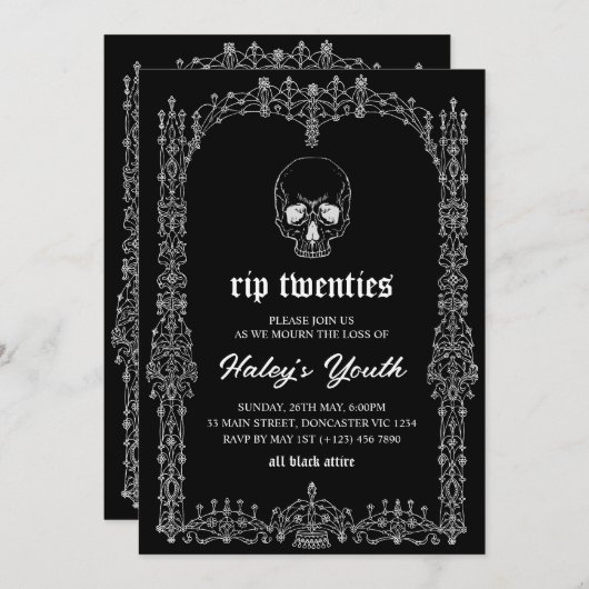 華美白黒RIP 20代30歳の誕生日 招待状 (正面/裏面)