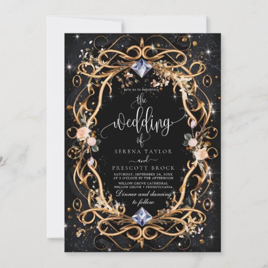 華美金ゴールドとダイヤモンド結婚ブラック 招待状 (正面)