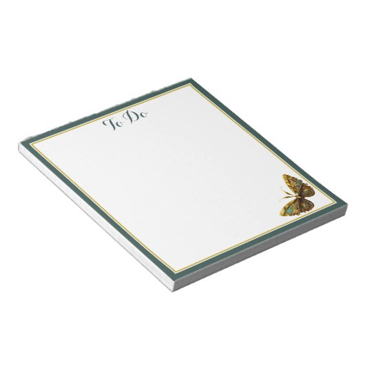 華美金ゴールドとティール(緑がかった色)バタフライ縁どメモ ノートパッド (アングル)