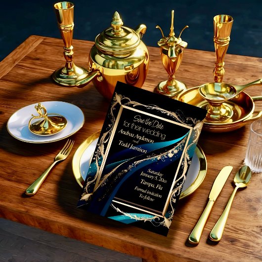 華美金ゴールドフレームティール（緑がかった色）ブルー結婚ブラック セーブザデート