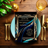 華美金ゴールドフレームティール（緑がかった色）ブルー結婚ブラック セーブザデート