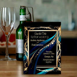 華美金ゴールドフレームティール(緑がかった色)ブルー結婚ブラック セーブザデート