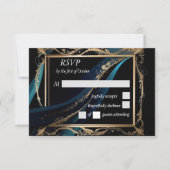華美金ゴールドフレームティール（緑がかった色）ブルー結婚ブラック 出欠カード (正面)