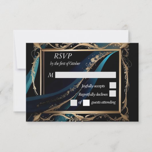 華美金ゴールドフレームティール（緑がかった色）ブルー結婚ブラック 出欠カード (正面)