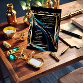 華美金ゴールドフレームティール（緑がかった色）ブルー結婚ブラック 招待状