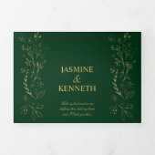 華美金ゴールドフローラがダークグリーンの上で渦結婚巻き 三つ折り招待状 (カバー)