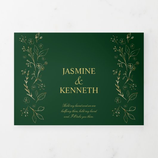 華美金ゴールドフローラがダークグリーンの上で渦結婚巻き 三つ折り招待状 (カバー)