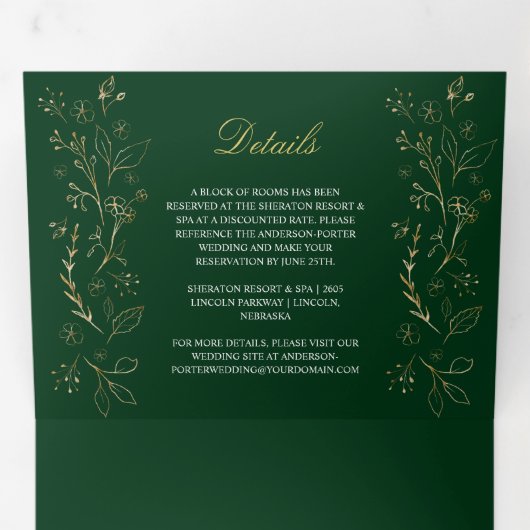 華美金ゴールドフローラがダークグリーンの上で渦結婚巻き 三つ折り招待状 (内部最初)