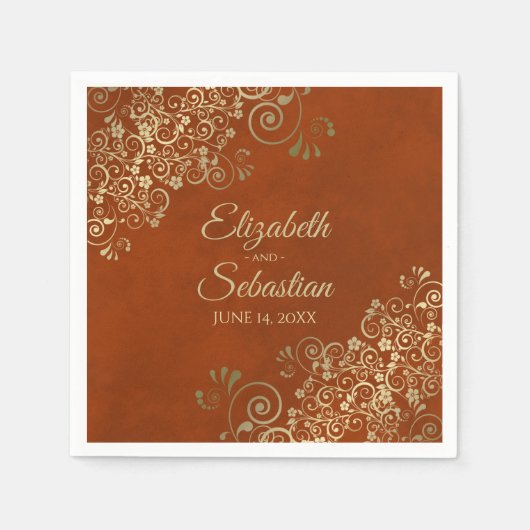 華美金ゴールドレースエレガントラストオレンジ結婚ズ スタンダードカクテルナプキン (正面)