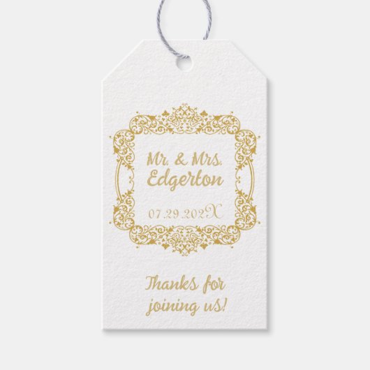 華美金ゴールド結婚フレームパーソナライズされた ギフトタグ (正面)