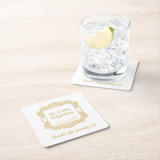 華美金ゴールド結婚フレームパーソナライズされた スクエアペーパーコースター (インサイチュ)