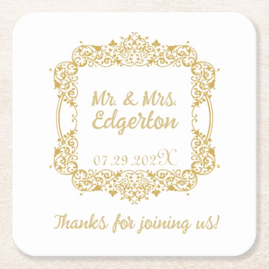 華美金ゴールド結婚フレームパーソナライズされた スクエアペーパーコースター (正面)