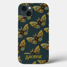 華美金ゴールド&ティール（緑がかった色）バタフライ電話ケース