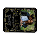 華美金ゴールド&ブラックウェディング日付の写真を保存 マグネット (横)