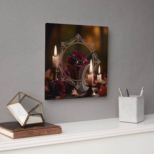 華美鏡パープルバラキャンドルライト スクエア壁時計 (オフィス)