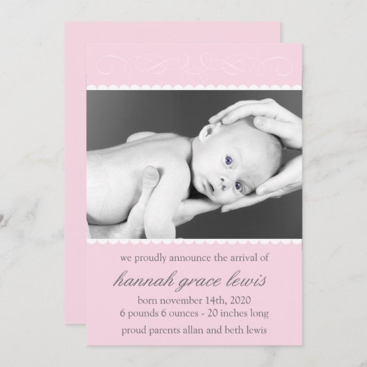 華麗さの新生児の発表(淡いピンクの) 案内状 (正面/裏面)