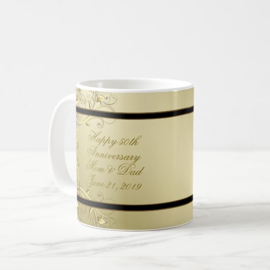 華麗さの金ゴールドの黒第50の結婚記念日 コーヒーマグカップ (正面左)