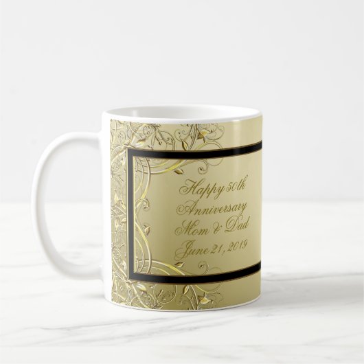 華麗さの金ゴールドの黒第50の結婚記念日 コーヒーマグカップ (左)