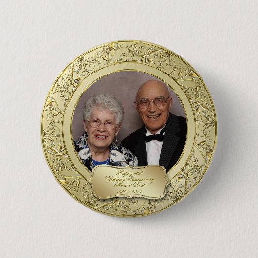 華麗さの金ゴールド第50の結婚記念日の写真 缶バッジ (正面)