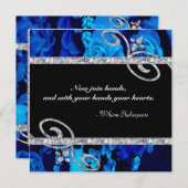 華麗で青いバラ及びダイヤモンドの渦巻の結婚 招待状 (正面/裏面)