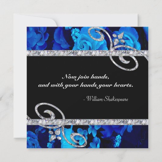 華麗で青いバラ及びダイヤモンドの渦巻の結婚 招待状 (正面)