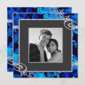 華麗で青いバラ及びCSTMを結婚するダイヤモンドの渦巻 招待状 (正面/裏面)