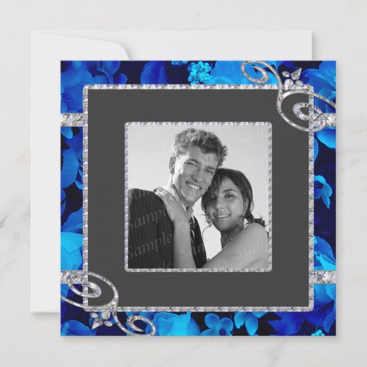 華麗で青いバラ及びCSTMを結婚するダイヤモンドの渦巻 招待状 (正面)