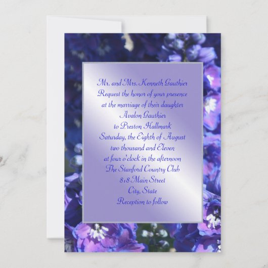 華麗で青及び紫色の花の結婚式招待状 招待状 (裏面)