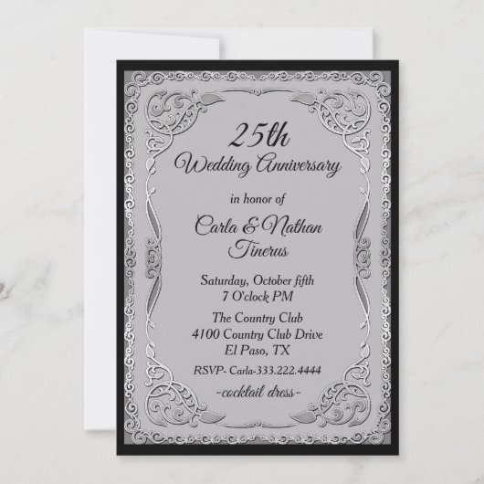 華麗なシルバーとグレーの結婚記念日 招待状 (正面)