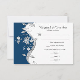 華麗なネイビーブルーと白と銀の花の出欠確認 出欠カード