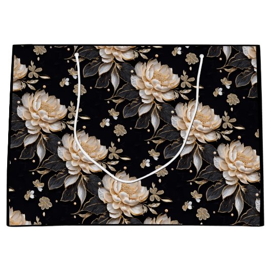 華麗な真珠の黒牡丹の花模様エレガント ラージペーパーバッグ (正面)