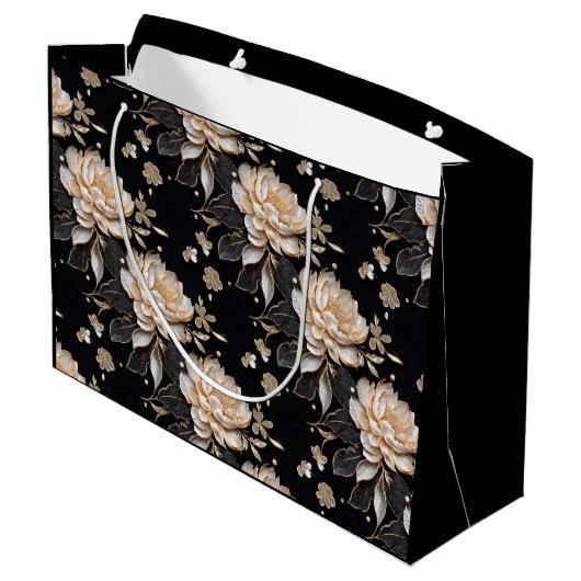 華麗な真珠の黒牡丹の花模様エレガント ラージペーパーバッグ (裏面アングル)