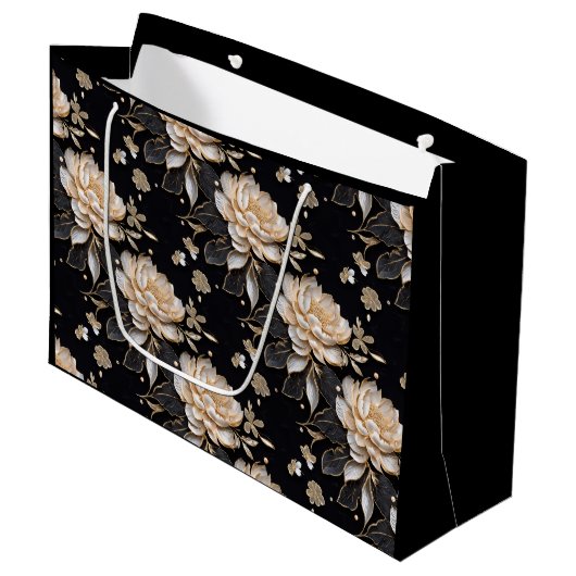 華麗な真珠の黒牡丹の花模様エレガント ラージペーパーバッグ (正面アングル)