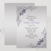 華麗な紫と銀の渦巻き シルバー スイート16 招待状 (正面/裏面)