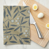 華麗な花模様と濃い青の蔓 キッチンタオル (四つ折り)