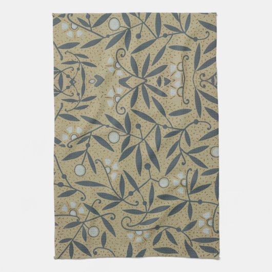 華麗な花模様と濃い青の蔓 キッチンタオル (縦)