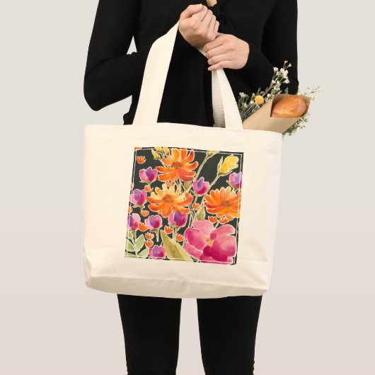 華麗な集まり – ピンクとオレンジの花 ラージトートバッグ (正面(商品))