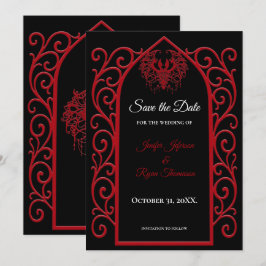 華麗な黒と赤の結婚式の「save the date」お知らせ 案内状