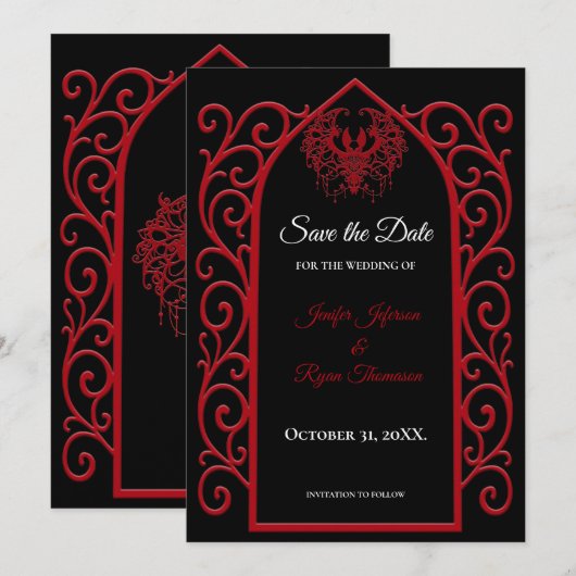 華麗な黒と赤の結婚式の「save the date」お知らせ 案内状 (正面/裏面)