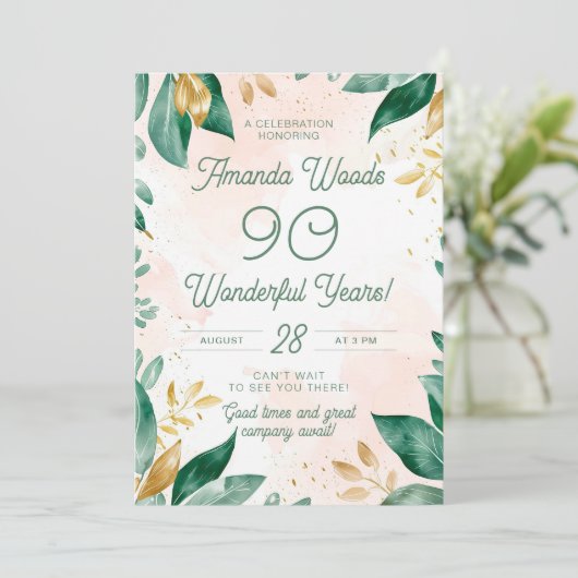 華麗な90thグリーンとゴールデンリーフ誕生日 招待状 (スタンド正面)